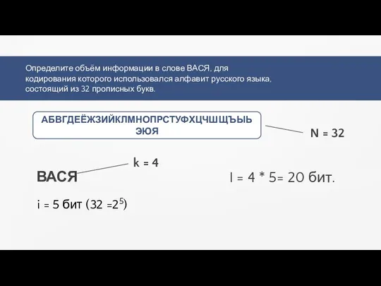 Определите объём информации в слове ВАСЯ, для кодирования которого использовался алфавит русского