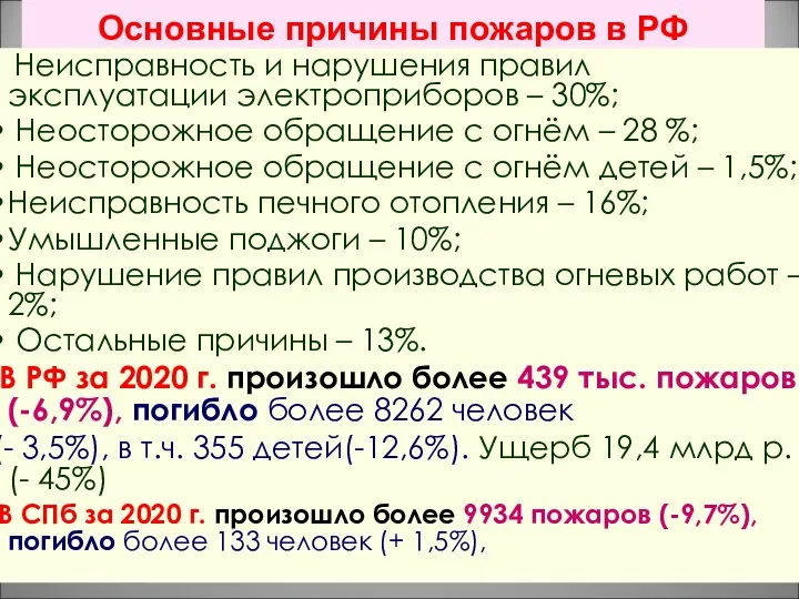 Основные причины пожаров в РФ Неисправность и нарушения правил эксплуатации электроприборов –