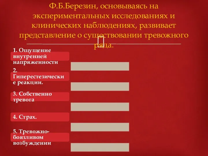 Ф.Б.Березин, основываясь на экспериментальных исследованиях и клинических наблюдениях, развивает представление о существовании