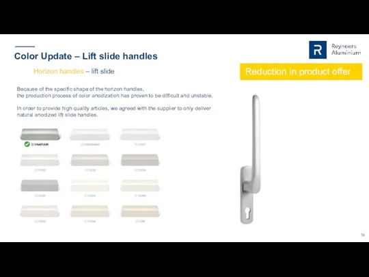 Color Update – Lift slide handles Reduction in product offer Because of