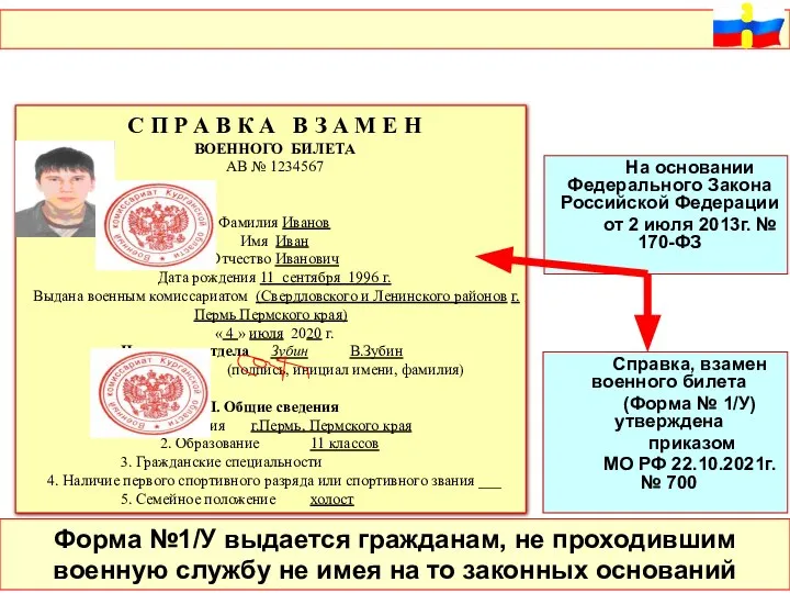 Справка, взамен военного билета (Форма № 1/У) утверждена приказом МО РФ 22.10.2021г.