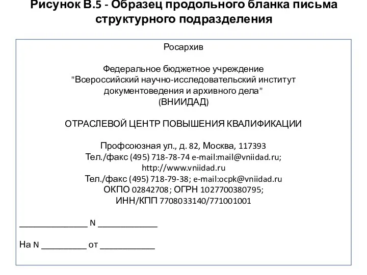 Рисунок В.5 - Образец продольного бланка письма структурного подразделения Росархив Федеральное бюджетное