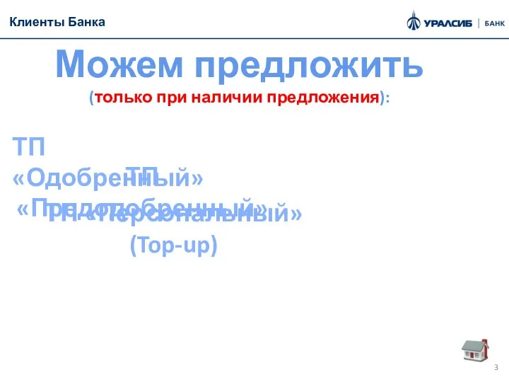 ТП «Персональный» (Top-up) ТП «Предодобренный» Можем предложить (только при наличии предложения): ТП «Одобренный» Клиенты Банка