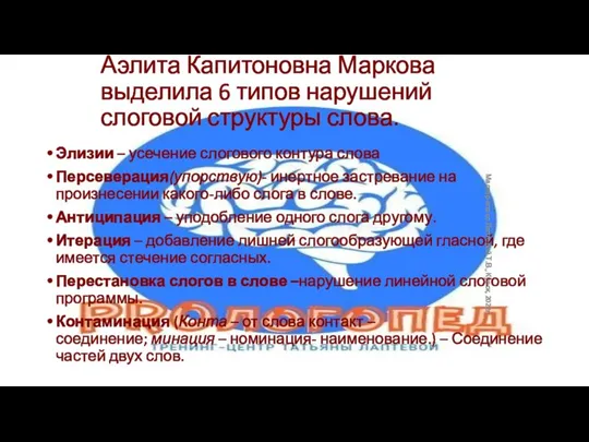 Аэлита Капитоновна Маркова выделила 6 типов нарушений слоговой структуры слова. Элизии –