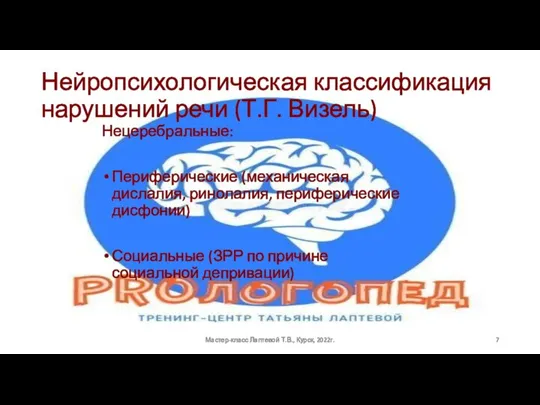 Нейропсихологическая классификация нарушений речи (Т.Г. Визель) Нецеребральные: Периферические (механическая дислалия, ринолалия, периферические