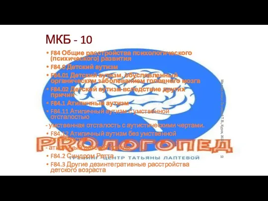 МКБ - 10 F84 Общие расстройства психологического (психического) развития F84.0 Детский аутизм