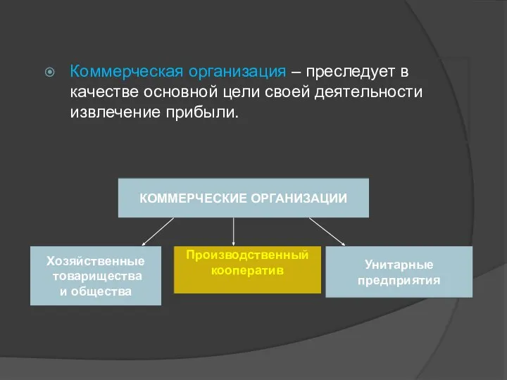 Коммерческая организация – преследует в качестве основной цели своей деятельности извлечение прибыли.