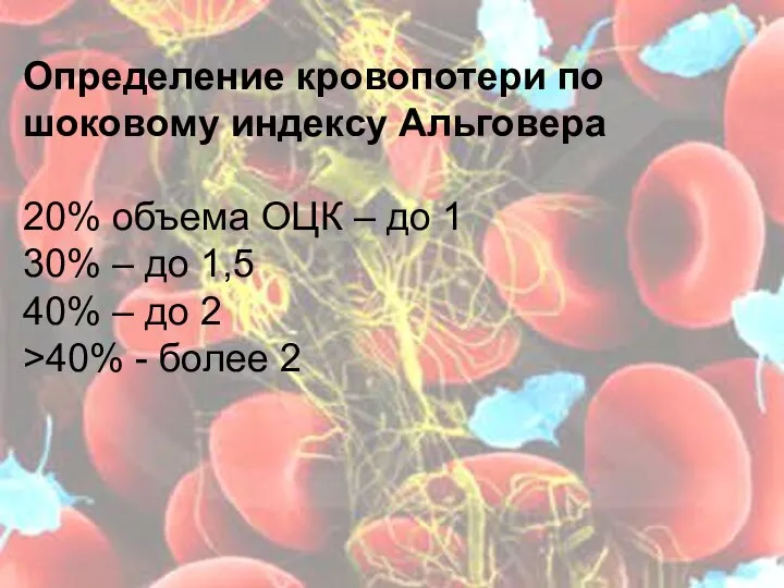 Определение кровопотери по шоковому индексу Альговера 20% объема ОЦК – до 1