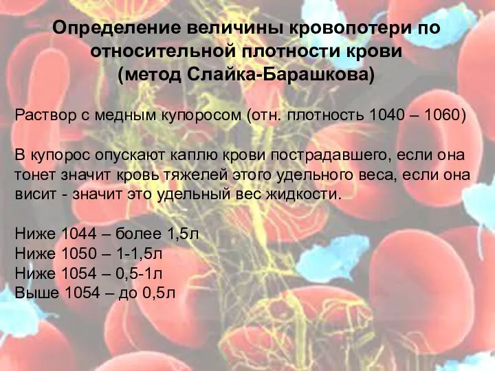 Определение величины кровопотери по относительной плотности крови (метод Слайка-Барашкова) Раствор с медным