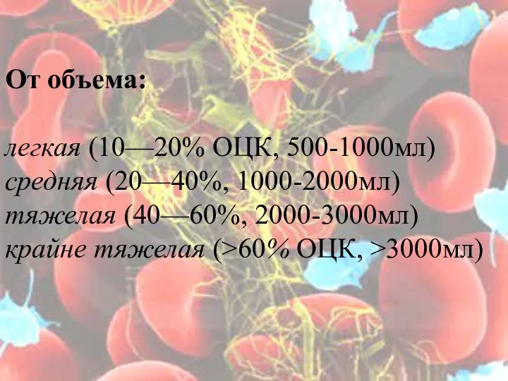 От объема: легкая (10—20% ОЦК, 500-1000мл) средняя (20—40%, 1000-2000мл) тяжелая (40—60%, 2000-3000мл)