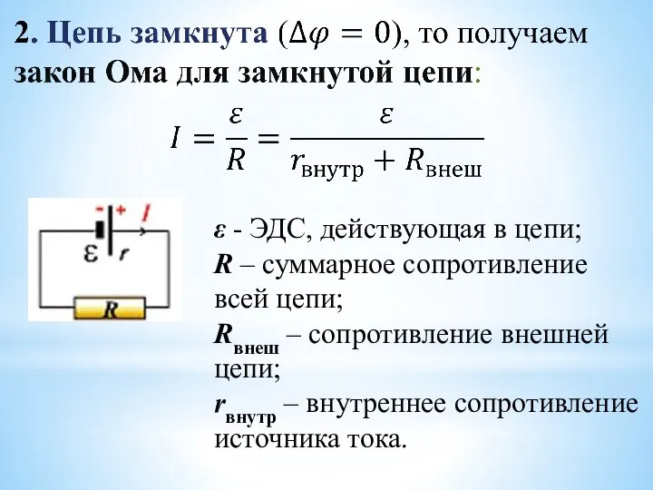 ε - ЭДС, действующая в цепи; R – суммарное сопротивление всей цепи;