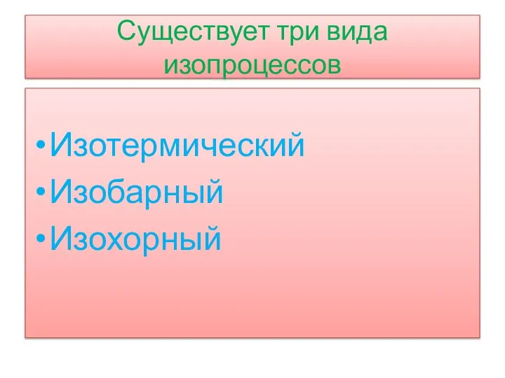 Существует три вида изопроцессов Изотермический Изобарный Изохорный