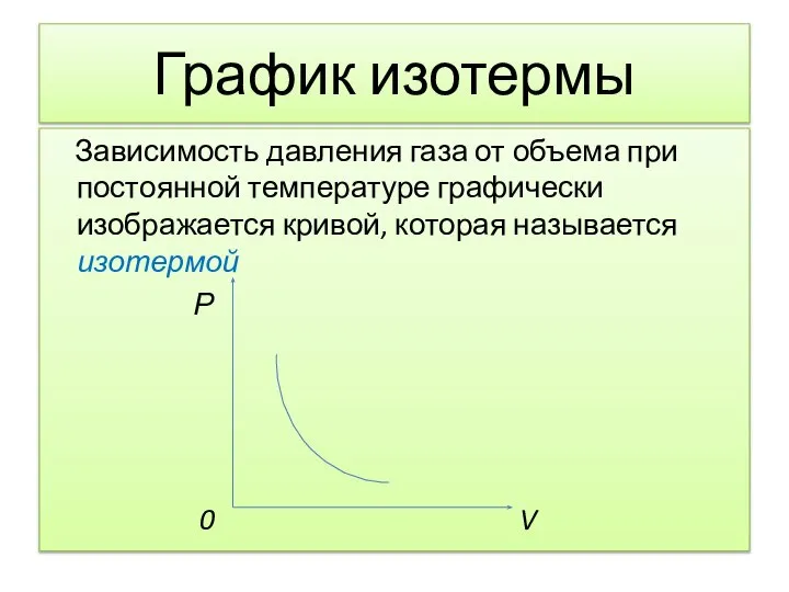 График изотермы Зависимость давления газа от объема при постоянной температуре графически изображается