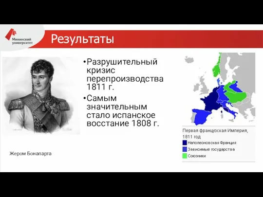 Результаты Разрушительный кризис перепроизводства 1811 г. Самым значительным стало испанское восстание 1808 г. Жером Бонапарта