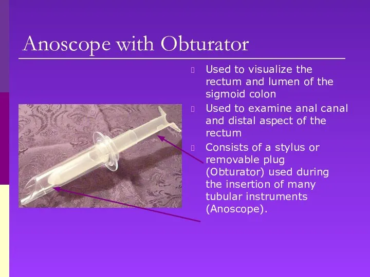 Anoscope with Obturator Used to visualize the rectum and lumen of the