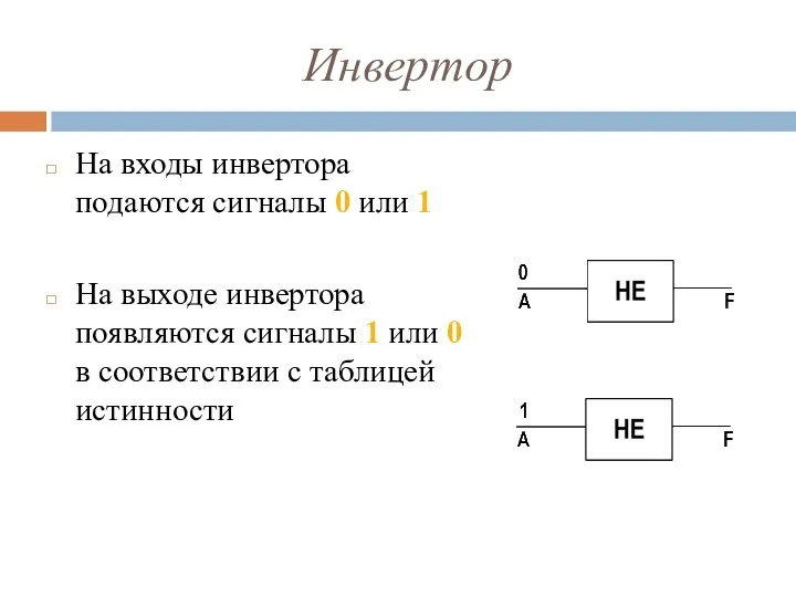 Инвеpтор На входы инвертора подаются сигналы 0 или 1 На выходе инвертора