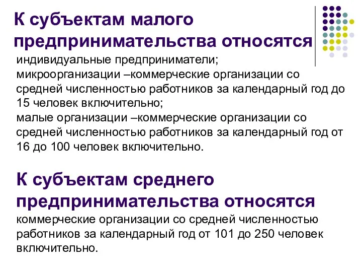 К субъектам малого предпринимательства относятся индивидуальные предприниматели; микроорганизации –коммерческие организации со средней