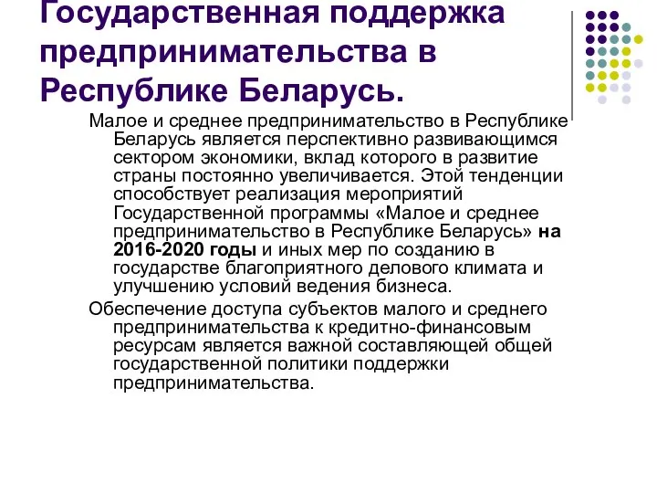 Государственная поддержка предпринимательства в Республике Беларусь. Малое и среднее предпринимательство в Республике