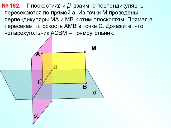 Плоскости и взаимно перпендикулярны пересекаются по прямой a. Из точки М проведены