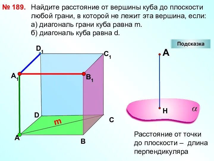 Найдите расстояние от вершины куба до плоскости любой грани, в которой не