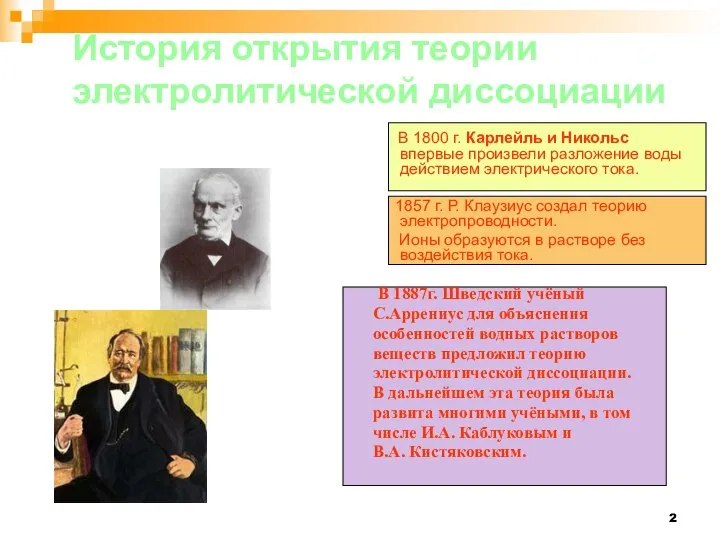 История открытия теории электролитической диссоциации В 1800 г. Карлейль и Никольс впервые
