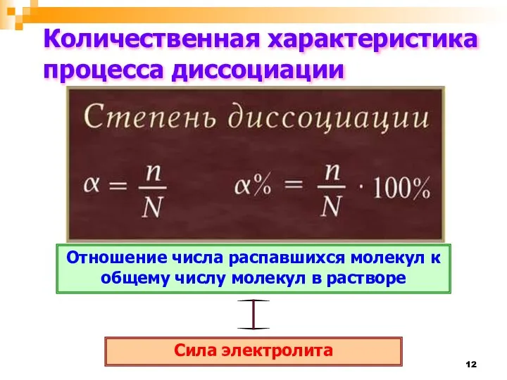 Количественная характеристика процесса диссоциации Отношение числа распавшихся молекул к общему числу молекул в растворе Сила электролита