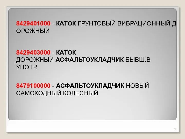 8429401000 - КАТОК ГРУНТОВЫЙ ВИБРАЦИОННЫЙ ДОРОЖНЫЙ 8429403000 - КАТОК ДОРОЖНЫЙ АСФАЛЬТОУКЛАДЧИК БЫВШ.В