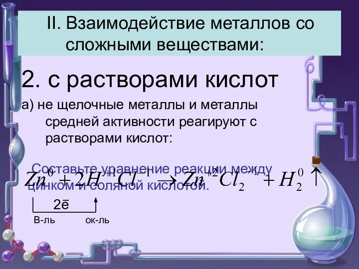 II. Взаимодействие металлов со сложными веществами: 2. с растворами кислот а) не