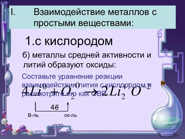 Взаимодействие металлов с простыми веществами: 1.с кислородом б) металлы средней активности и