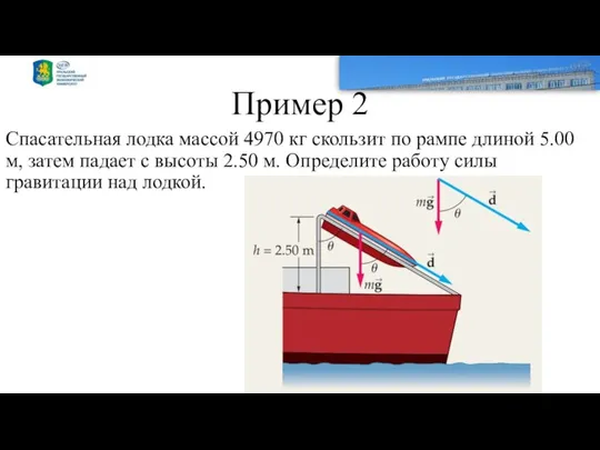 Пример 2 Спасательная лодка массой 4970 кг скользит по рампе длиной 5.00