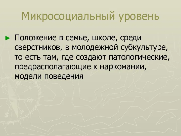 Микросоциальный уровень Положение в семье, школе, среди сверстников, в молодежной субкультуре, то