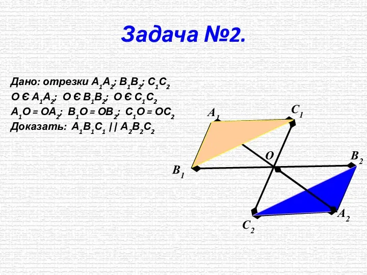 Задача №2. Дано: отрезки А1А2; В1В2; С1С2 О Є А1А2; О Є