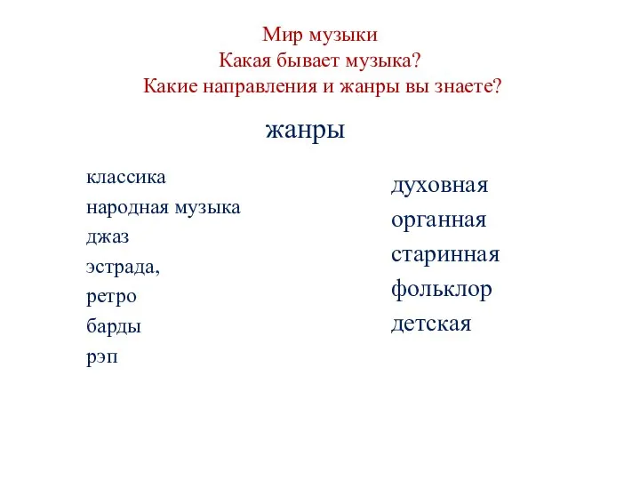 Мир музыки Какая бывает музыка? Какие направления и жанры вы знаете? классика