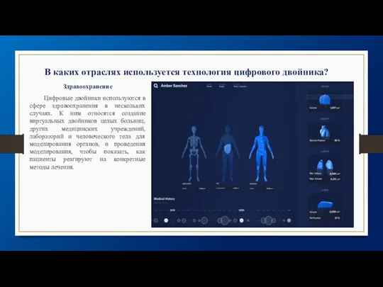 В каких отраслях используется технология цифрового двойника? Здравоохранение Цифровые двойники используются в