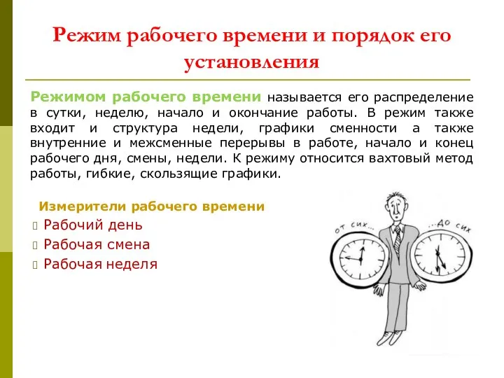 Режим рабочего времени и порядок его установления Измерители рабочего времени Рабочий день