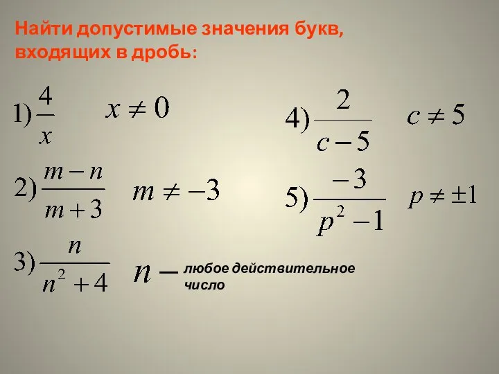 Найти допустимые значения букв, входящих в дробь: любое действительное число