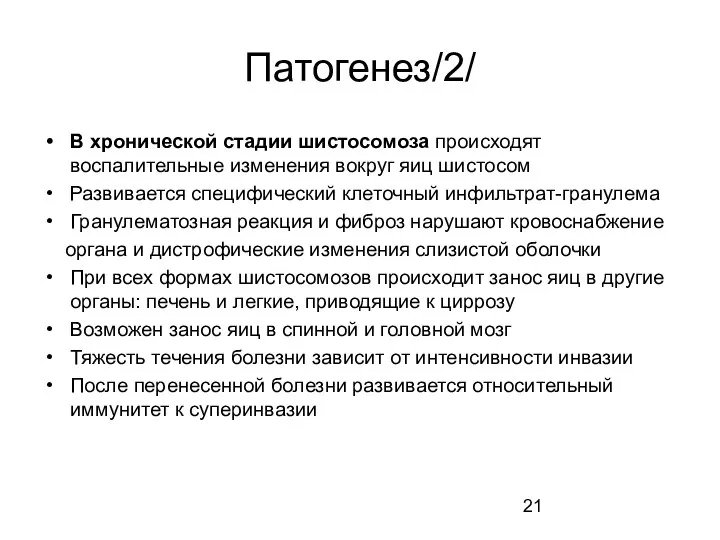 Патогенез/2/ В хронической стадии шистосомоза происходят воспалительные изменения вокруг яиц шистосом Развивается