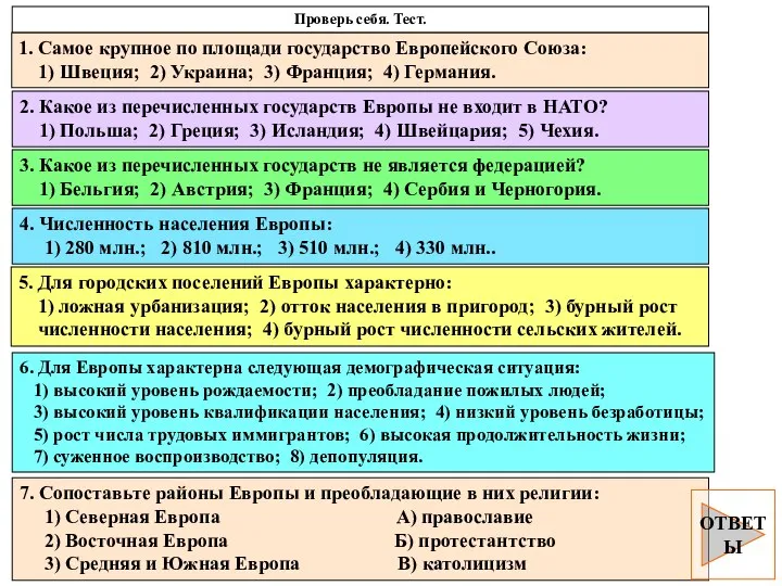 Проверь себя. Тест. 1. Самое крупное по площади государство Европейского Союза: 1)