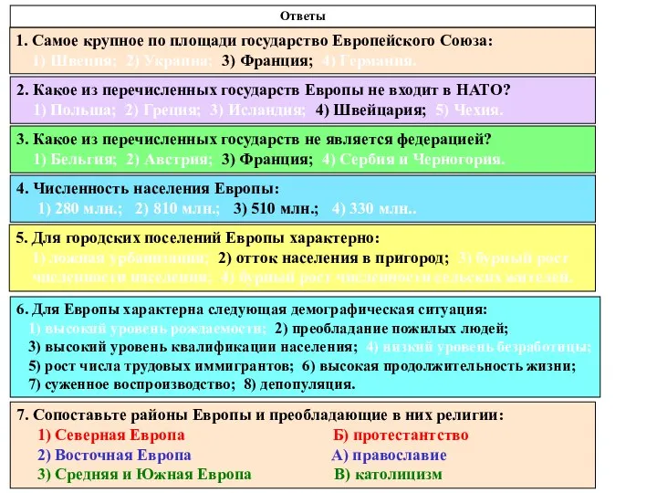 Ответы 1. Самое крупное по площади государство Европейского Союза: 1) Швеция; 2)