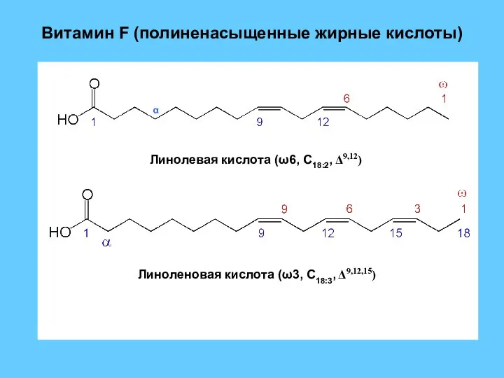 Витамин F (полиненасыщенные жирные кислоты) Линолевая кислота (ω6, С18:2, Δ9,12) Линоленовая кислота (ω3, С18:3, Δ9,12,15) α