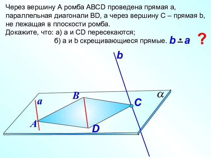 Через вершину А ромба АВСD проведена прямая а, параллельная диагонали ВD, а