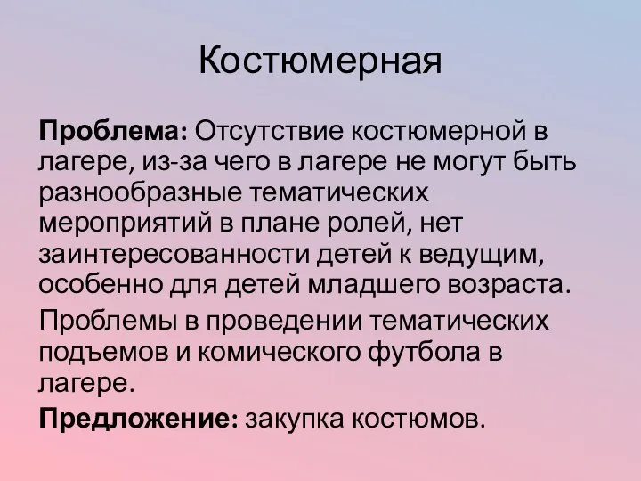 Костюмерная Проблема: Отсутствие костюмерной в лагере, из-за чего в лагере не могут