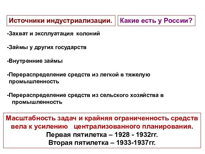 Источники индустриализации. Захват и эксплуатация колоний Займы у других государств Внутренние займы