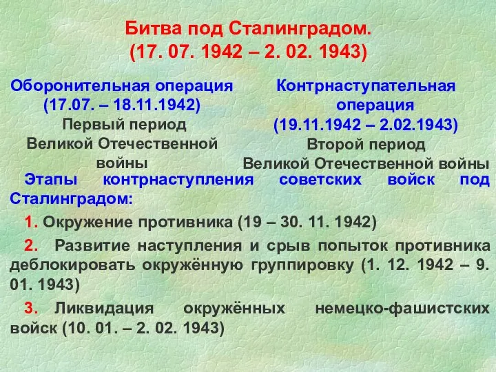 Битва под Сталинградом. (17. 07. 1942 – 2. 02. 1943) Оборонительная операция