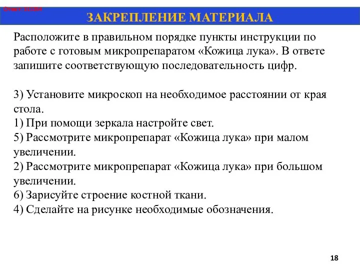 Расположите в правильном порядке пункты инструкции по работе с готовым микропрепаратом «Кожица