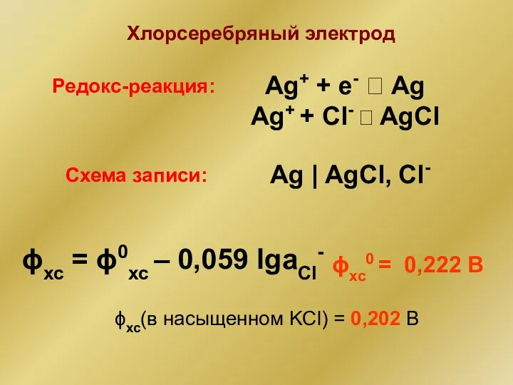 Хлорсеребряный электрод Редокс-реакция: Ag+ + e- ⮀ Ag Ag+ + Cl- ⮀