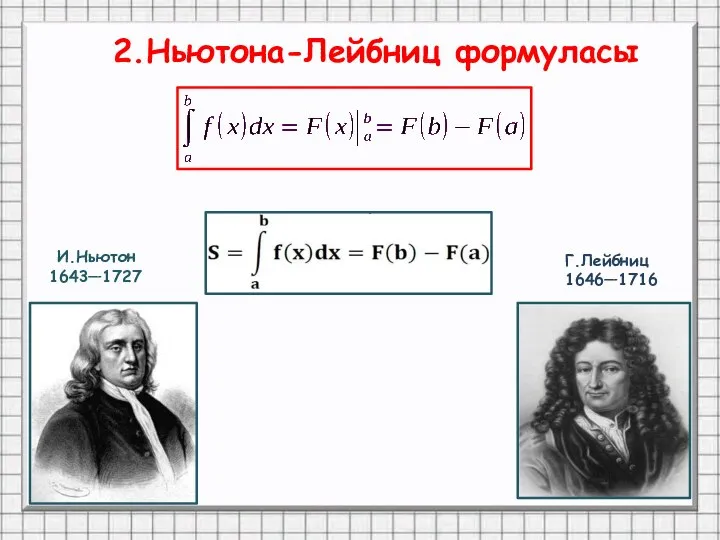 И.Ньютон 1643—1727 Г.Лейбниц 1646—1716 2.Ньютона-Лейбниц формуласы