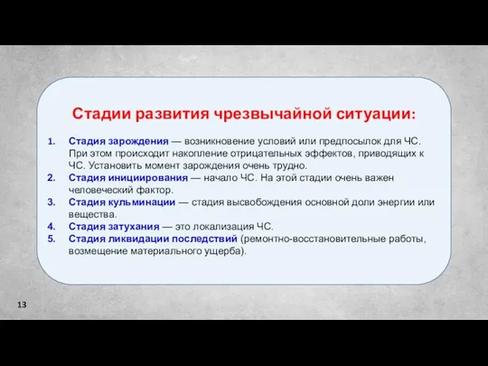 Стадии развития чрезвычайной ситуации: Стадия зарождения — возникновение условий или предпосылок для