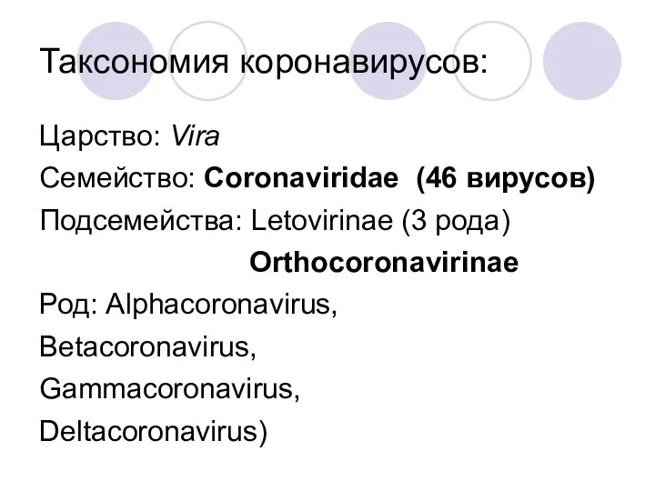 Таксономия коронавирусов: Царство: Vira Семейство: Coronaviridae (46 вирусов) Подсемейства: Letovirinae (3 рода)