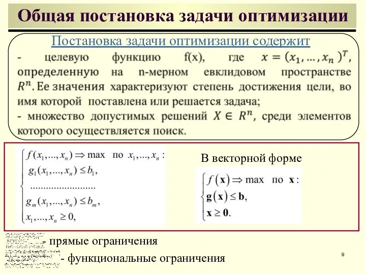 Общая постановка задачи оптимизации Постановка задачи оптимизации содержит В векторной форме -